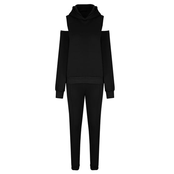 RQYYD Women's Two Piece Outfits Tracksuit Cold Shoulder Long Sleeve Hoodies Tops Jogger Sweatpants Matching Sets Black XXL
