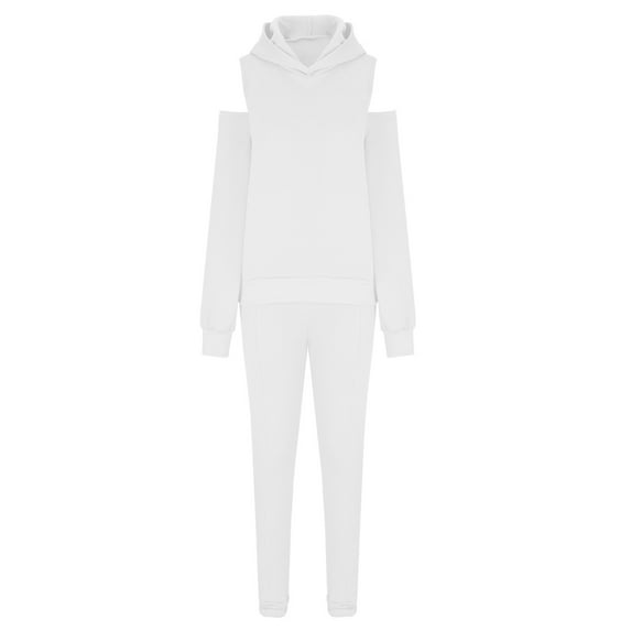 RQYYD Women's Two Piece Outfits Tracksuit Cold Shoulder Long Sleeve Hoodies Tops Jogger Sweatpants Matching Sets White M