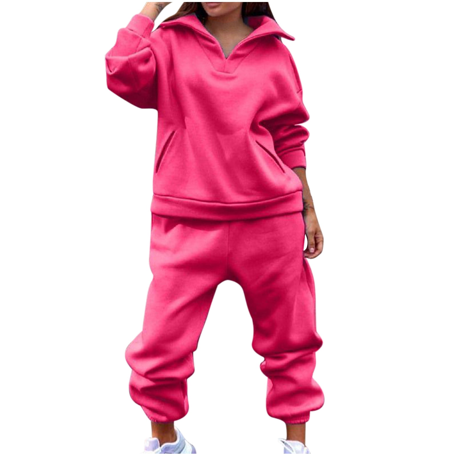 RQYYD Women's Two Piece Outfits Tracksuits Solid Color Long Sleeve V Neck  Top Jogger Pants Set Hoodie 2 Piece Jogging Suits with Pockets Red S 