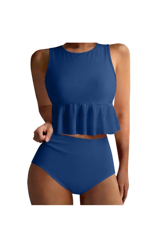 Women's Two Piece Swimsuit Set High Neck Ruffle Peplum Top with High Waisted Bottoms Modest Tankini Bathing Suit for Beach
