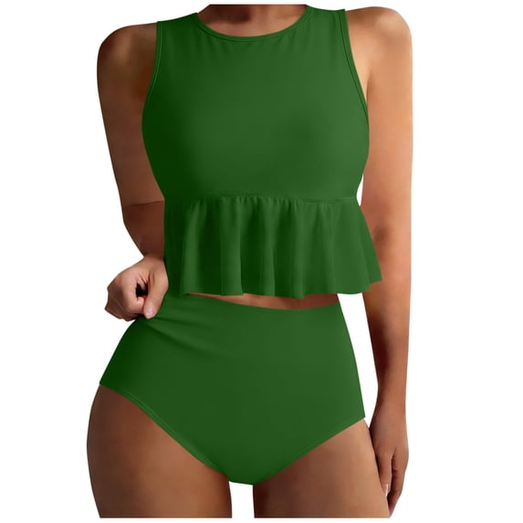 RQYYD Women's Two Piece Swimsuit Set High Neck Ruffle Peplum Top with High Waisted Bottoms Modest Tankini Bathing Suit for Beach
