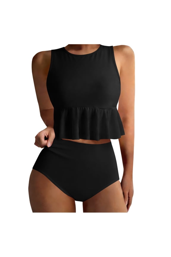 Women's Two Piece Swimsuit Set High Neck Ruffle Peplum Top with High Waisted Bottoms Modest Tankini Bathing Suit for Beach