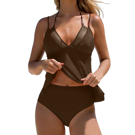 RQYYD Women's Two Piece Swimsuit Set Mesh Panel Tankini Top with High Waisted Bottoms Bathing Suit for Beach Vacation