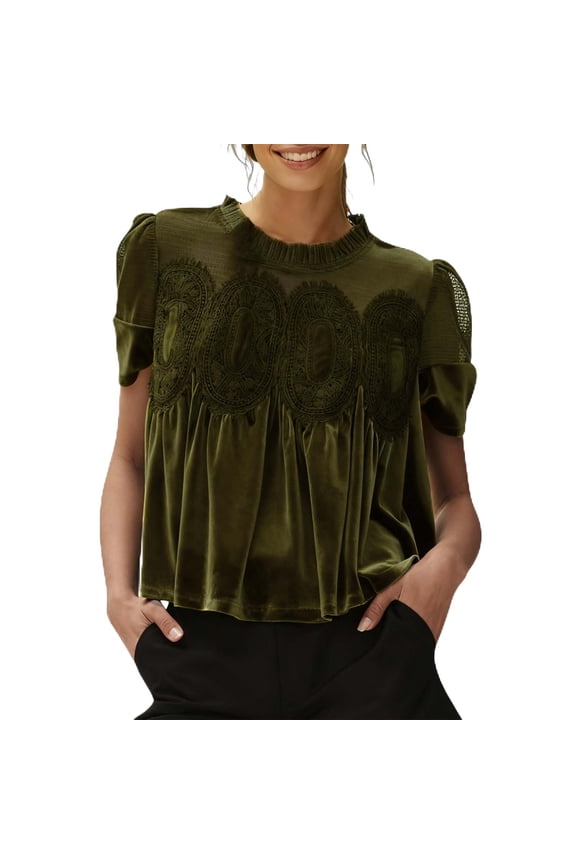Women's Velvet Lace Blouse Casual Round Neck Short Sleeve Flared Swing Top Elegant Loose Intricate Back Design