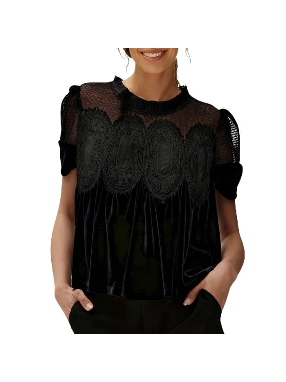 Women's Velvet Lace Blouse Casual Round Neck Short Sleeve Flared Swing Top Elegant Loose Intricate Back Design