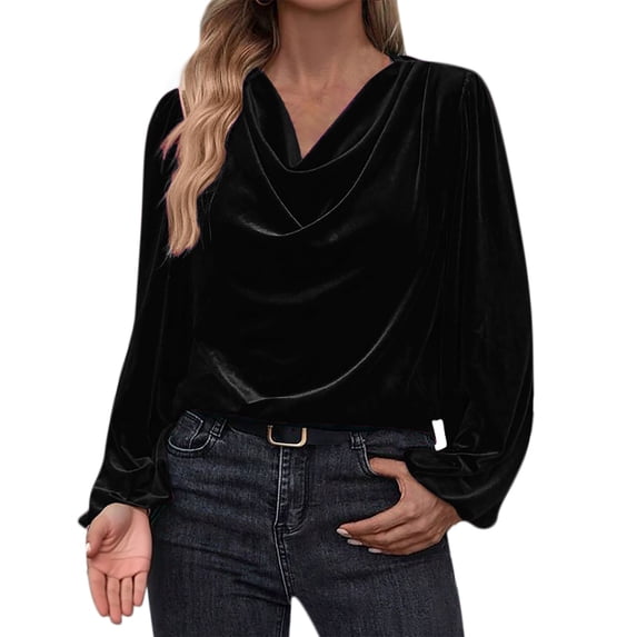 RQYYD Women's Velvet T Shirts Casual Long Sleeve Solid Shirt Cowl Neck Drape Ruched Front Long Sleeve Blouses Tops