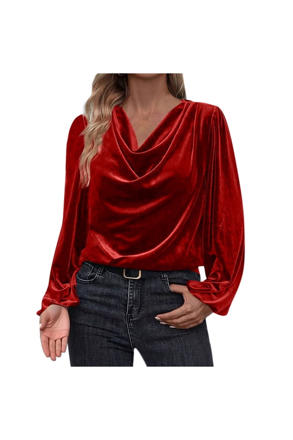 Women's Velvet T Shirts Casual Long Sleeve Solid Shirt Cowl Neck Drape Ruched Front Long Sleeve Blouses Tops