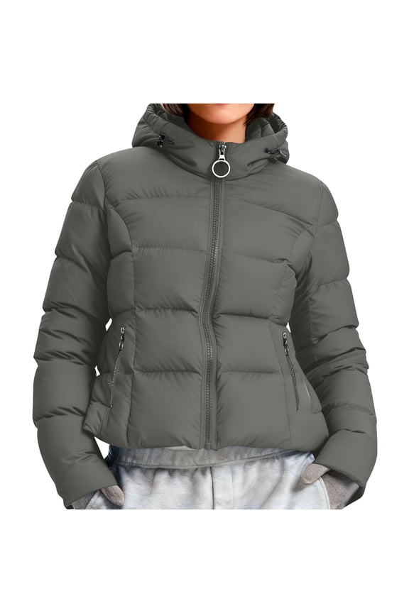 Women's Winter Cropped Puffer Jacket with Hood Short Warm Quilted Jacket Puffy Bubble Coat Outerwear