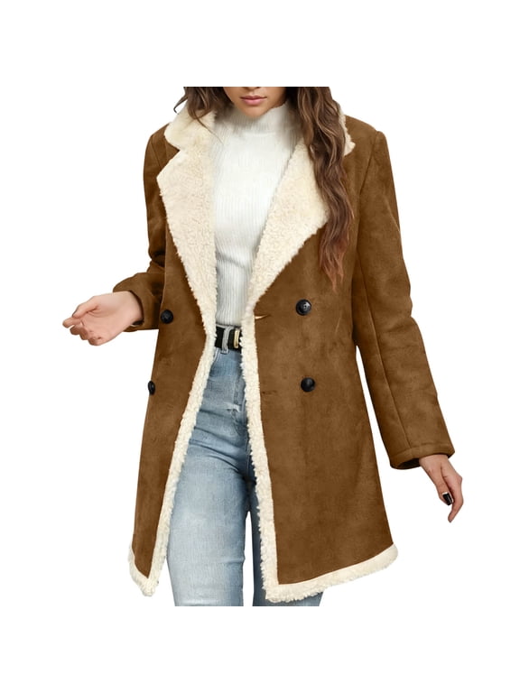 Women's Winter Notch Lapel Double Breasted Peacoat Sherpa Fleece Lined Faux Suede Jacket Coat