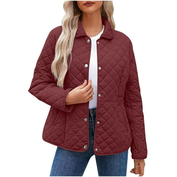 RQYYD Women's Winter Quilted Jackets Long Sleeve Button Down Diamond Puffer Jacket Outerwear Coats with Pockets