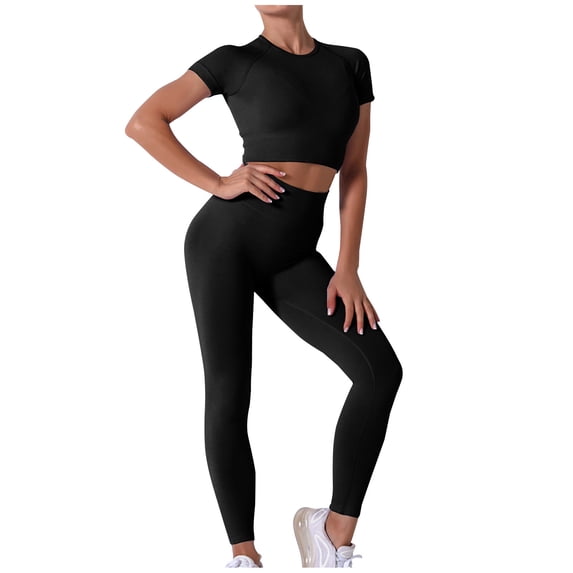 RQYYD Women's Workout Outfit 2 Pieces Seamless High Waist Yoga Leggings with Long Sleeve Crewneck Crop Top Gym Clothes Set Black S