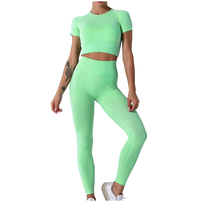 RQYYD Women's Workout Outfit 2 Pieces Seamless High Waist Yoga Leggings  with Long Sleeve Crewneck Crop Top Gym Clothes Set Green S