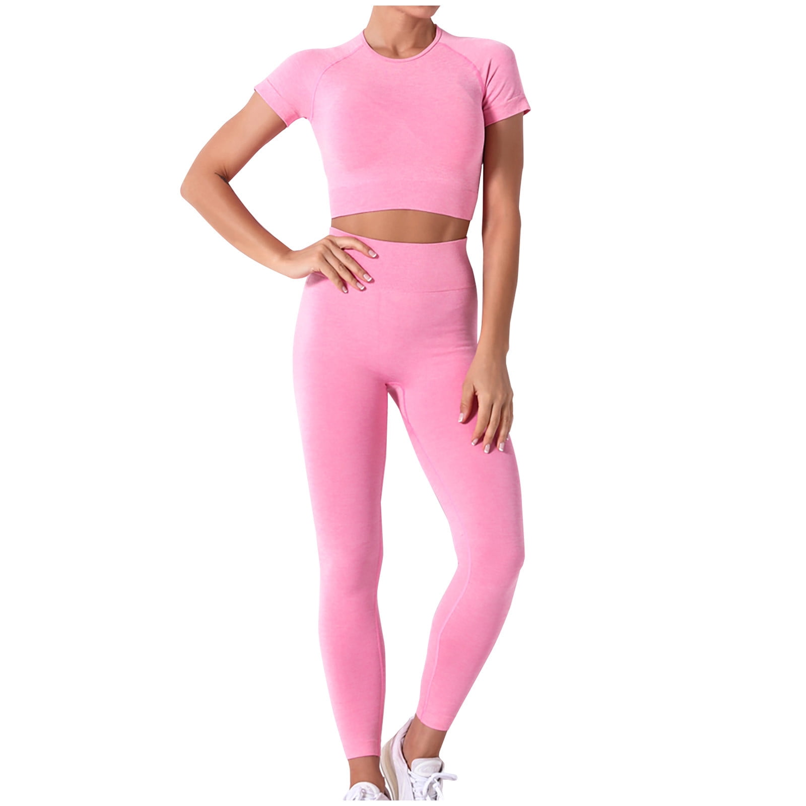 RQYYD Women's Workout Outfit 2 Pieces Seamless High Waist Yoga Leggings  with Long Sleeve Crewneck Crop Top Gym Clothes Set Hot Pink S 