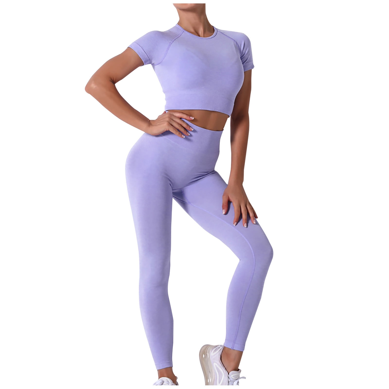 Charming Purple Crop Short Sleeves Sweat Suit Seamless Stretch