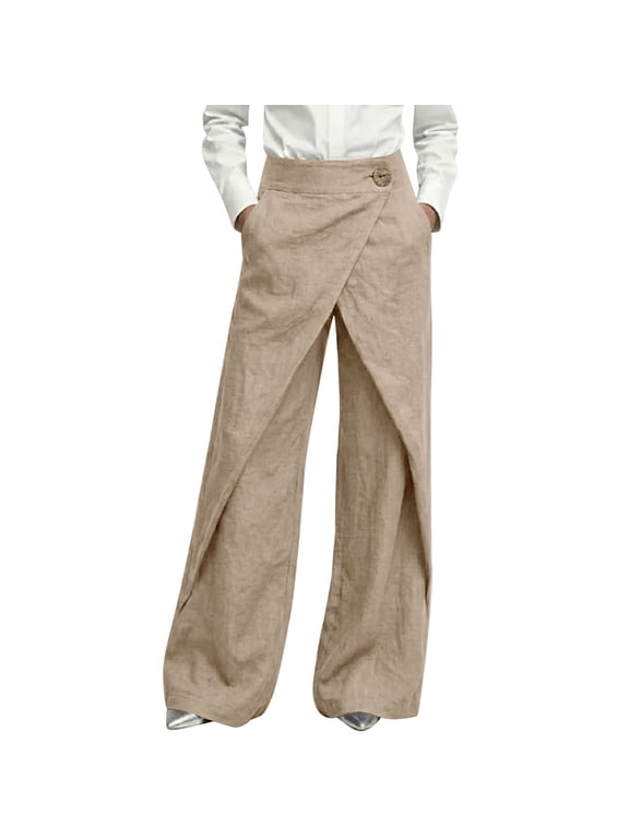 Women's Wrap Front Wide Leg Linen Pants High Waist Button Decor Casual Trousers Office Work Bottoms