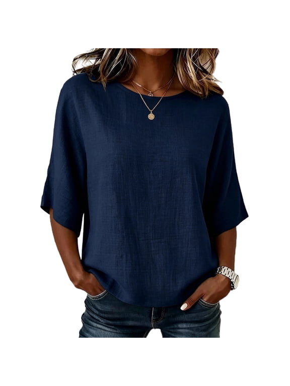 Womens 3/4 Sleeve Tops Casual Round Neck Blouses Dolman Sleeve Linen Blend Tee Shirts Clothes