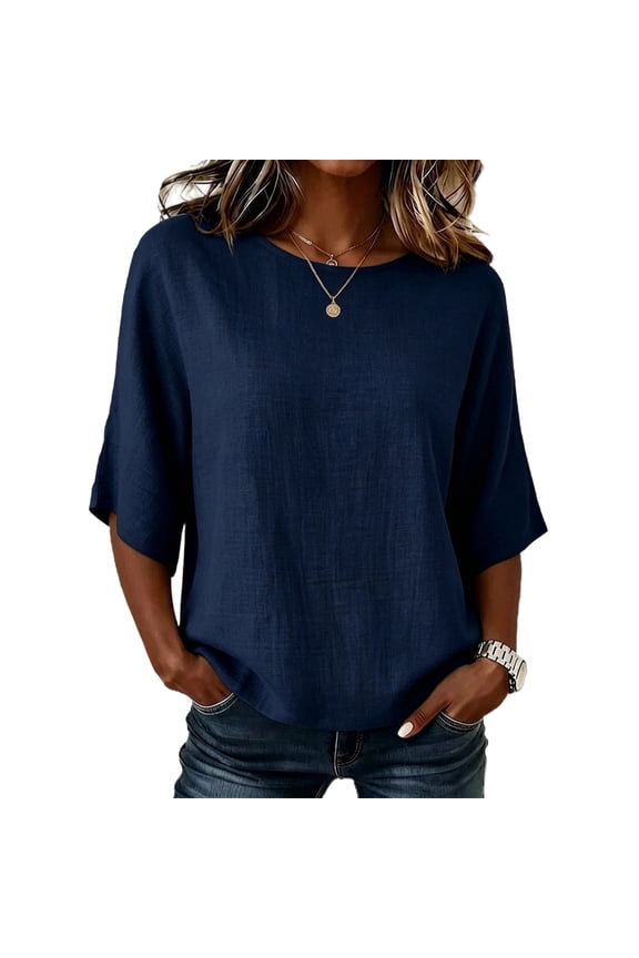 Womens 3/4 Sleeve Tops Casual Round Neck Blouses Dolman Sleeve Linen Blend Tee Shirts Clothes
