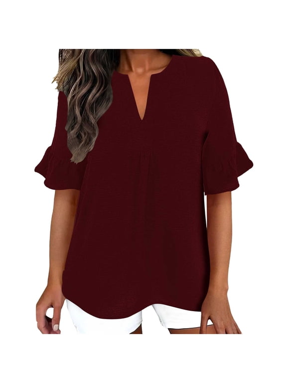 Womens 3/4 Sleeve Tops Casual Split Neck Blouses Ruffle Cuff Linen Blend Tee Shirts Clothes
