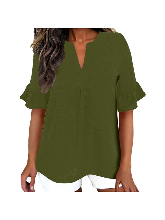 Womens 3/4 Sleeve Tops Casual Split Neck Blouses Ruffle Cuff Linen Blend Tee Shirts Clothes