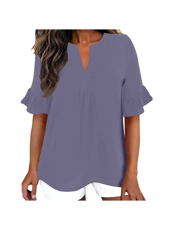 Womens 3/4 Sleeve Tops Casual Split Neck Blouses Ruffle Cuff Linen Blend Tee Shirts Clothes