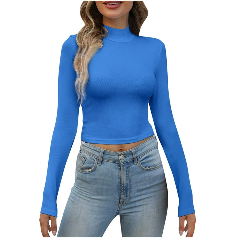 Ribbed Turtle Neck Crop Top Blue