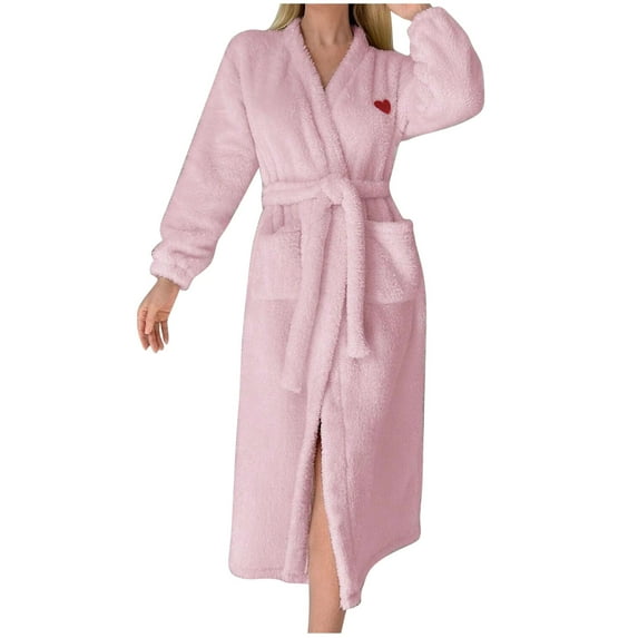 RQYYD Womens Bathrobe Ladies Fleece Plush Warm Long Robes Fleece Nightgown Sleepwear with Belt