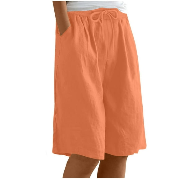 RQYYD Womens Bermuda Shorts Summer Knee Length Dressy Causal Elastic Waist Drawstring Linen Short Pockets Outfits Beach Vacation Clothes Orange XXL