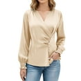thumbnail image 1 of RQYYD Womens Business Casual Blouses Dressy Work Tops Fall Fashion V Neck Pleated Long Sleeve Shirts, 1 of 6