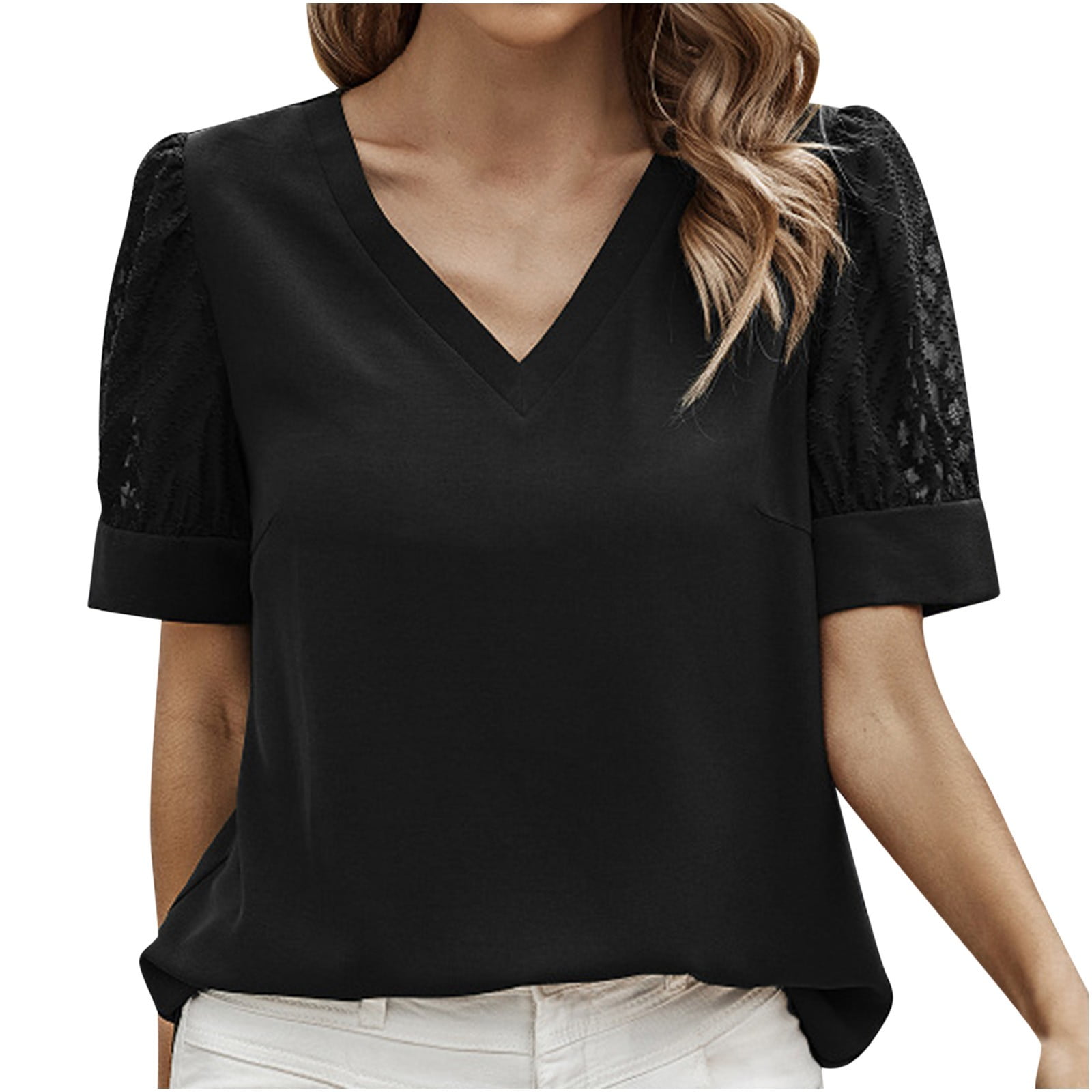 RQYYD Womens Business Casual Tops Mesh Puff Sleeve Work Shirts Solid Color  Dressy Tops Cute Summer Blouses V Neck T Shirts(Black,S) 