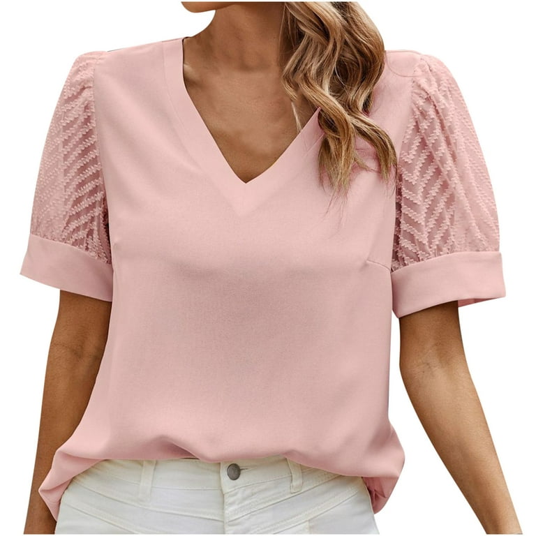 RQYYD Womens Business Casual Tops Mesh Puff Sleeve Work Shirts Solid Color  Dressy Tops Cute Summer Blouses V Neck T Shirts(Pink,M) 