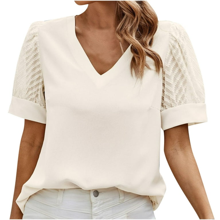 RQYYD Womens Business Casual Tops Mesh Puff Sleeve Work Shirts Solid Color  Dressy Tops Cute Summer Blouses V Neck T Shirts(White,M)