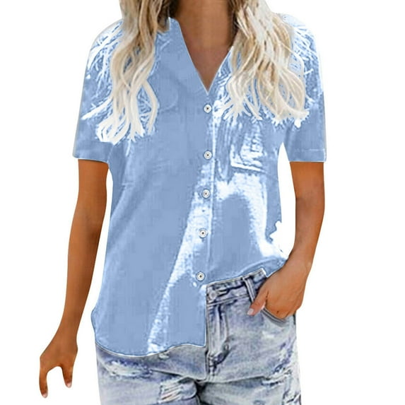 RQYYD Womens Button Down Shirts Summer V Neck Short Sleeve Blouses Loose Collared Shirt Casual Formal Work Office Tops with Pocket(Blue,L)