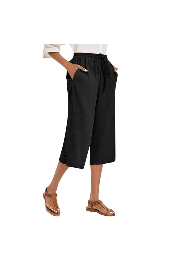 Womens Capri Pant Dressy Casual Wide Leg Palazzo Pants Flowy Gaucho Pants Drawstring Trousers with Pockets