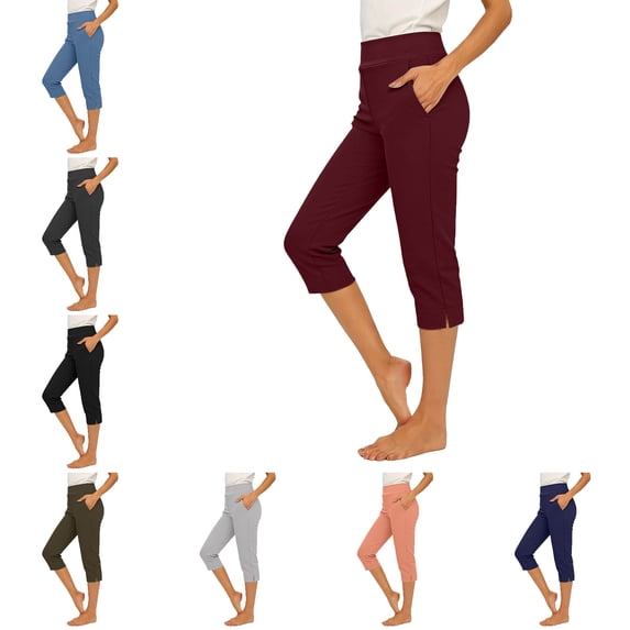 RQYYD Women's Capri Pants High Waisted Straight Leg Side Slit Pockets Casual Stretch Lightweight Pull On