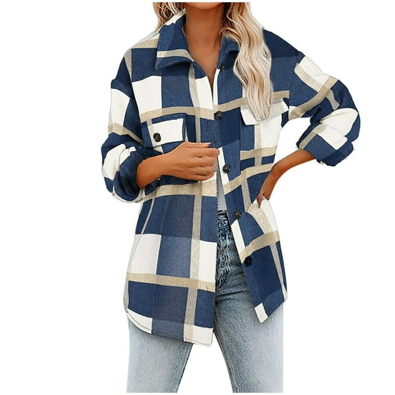 RQYYD Womens Casual Flannel Plaid Shacket Jackets Lapel Button Down Long Sleeve Shirts Coats with Pockets Oversized Tops (Navy,XL)