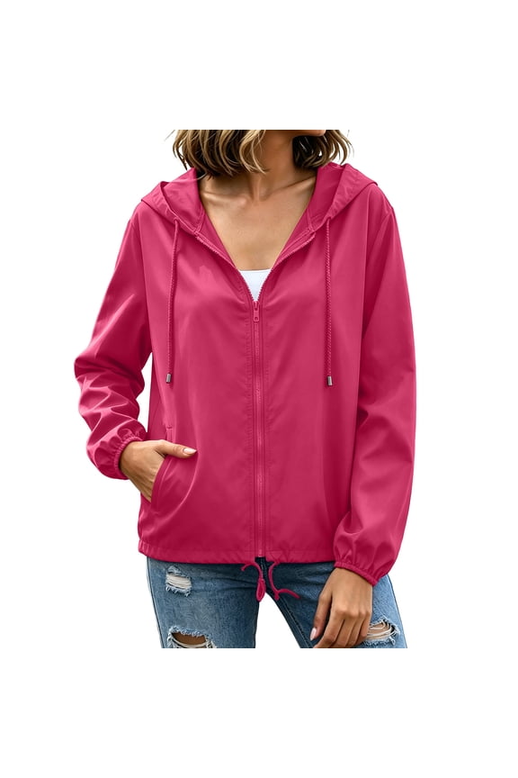 Womens Casual Lightweight Rain Jacket Hooded Drawstring Hem Waterproof Windbreaker for Everyday Outdoor Use