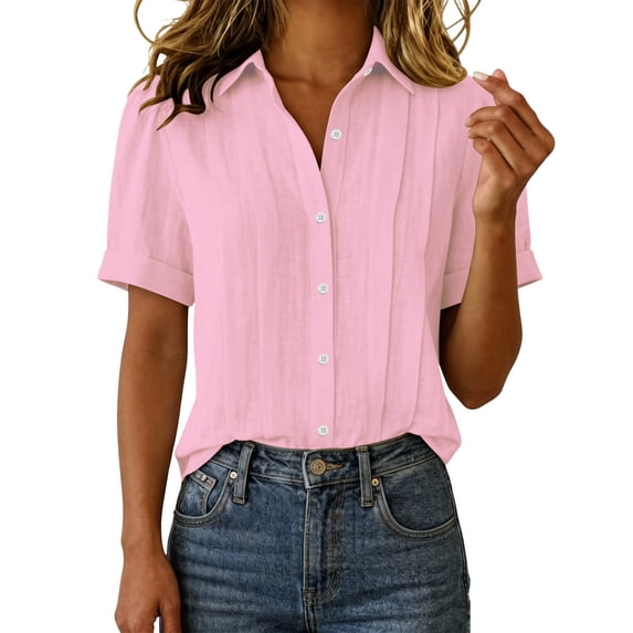 RQYYD Womens Collared Short Sleeve Button Down Blouse Casual Slim Fit Top for Office Daily Wear