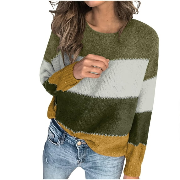 RQYYD Womens Color Block Sweaters Long Sleeve Crewneck Pullover Knit Jumper Tops
