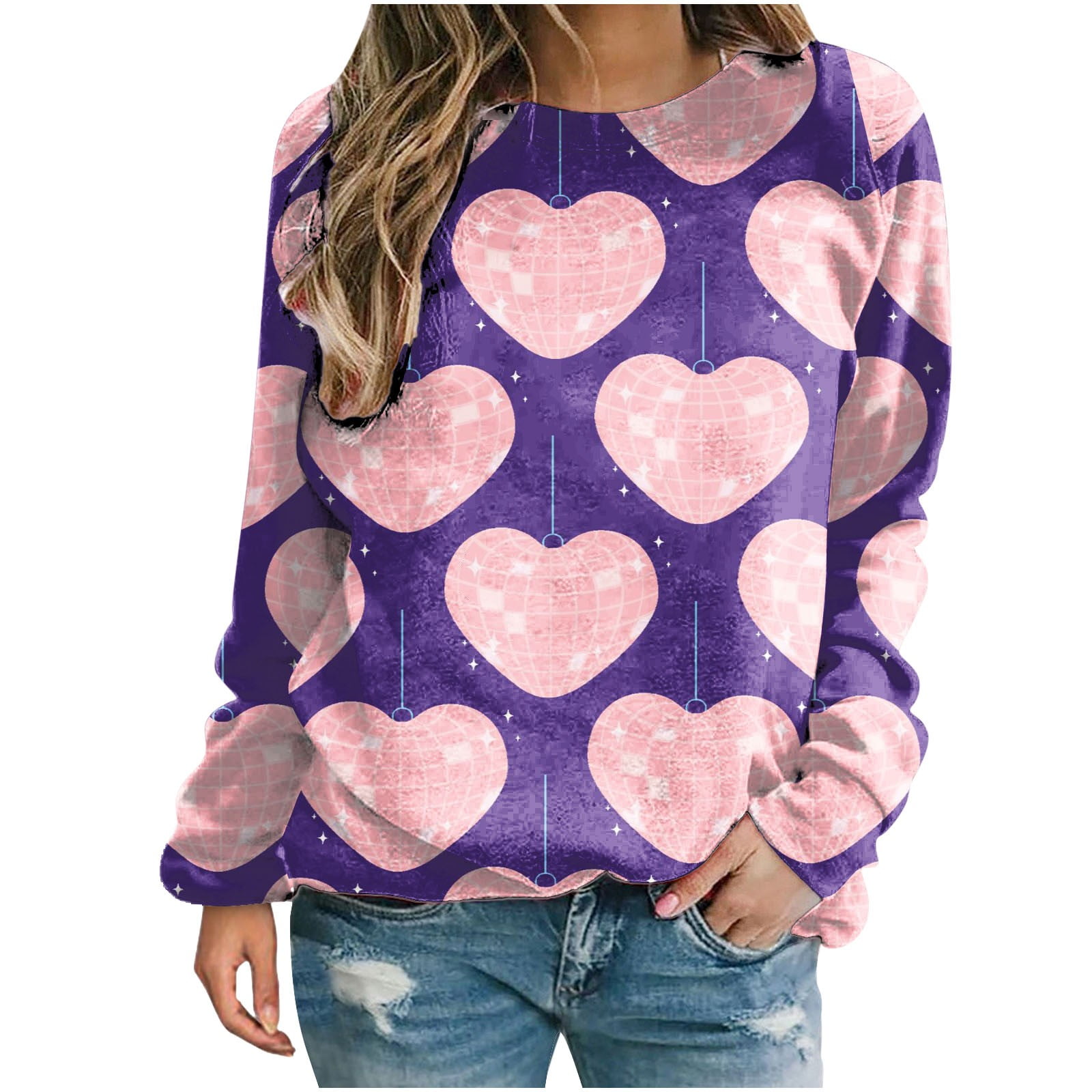 RQYYD Womens Colorful Heart Graphic Print Sweatshirts Long Sleeve Crew Neck  Pullover Valentines Day Shirts Lightweight Tops Purple XL 