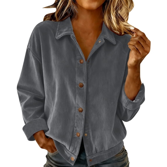 RQYYD Womens Corduroy Shirt Long Sleeve Oversized Button Up V Neck Blouses Tops Loose Shacket Jacket