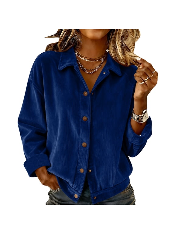 Womens Corduroy Shirt Long Sleeve Oversized Button Up V Neck Blouses Tops Loose Shacket Jacket