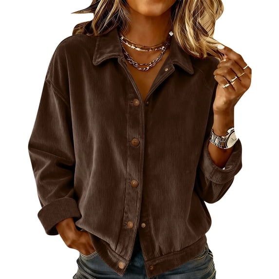 RQYYD Womens Corduroy Shirt Long Sleeve Oversized Button Up V Neck Blouses Tops Loose Shacket Jacket