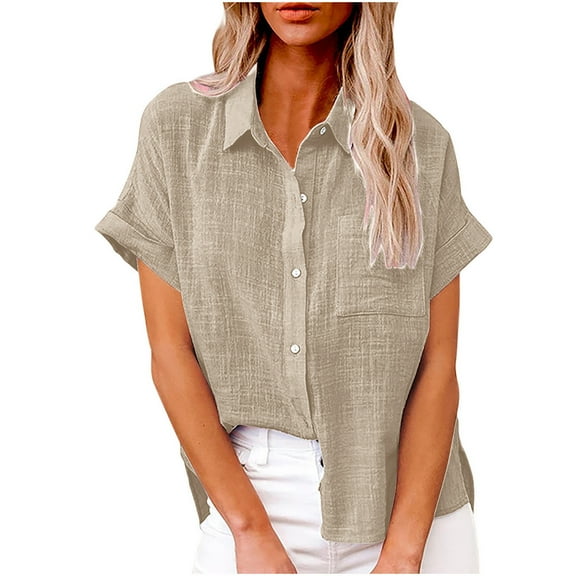 RQYYD Womens Cotton Button Down Shirt Casual Long Sleeve Loose Fit Collared Linen Work Blouse Tops with Pocket