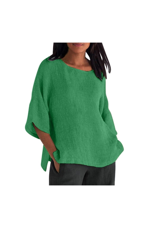 Womens Cotton Linen 3/4 Sleeve Casual Loose Top Crew Neck Shirt Spring Summer Oversized Solid Color Blouses for Women 2024