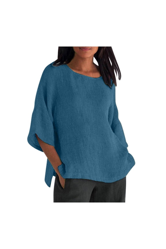 Womens Cotton Linen 3/4 Sleeve Casual Loose Top Crew Neck Shirt Spring Summer Oversized Solid Color Blouses for Women 2024