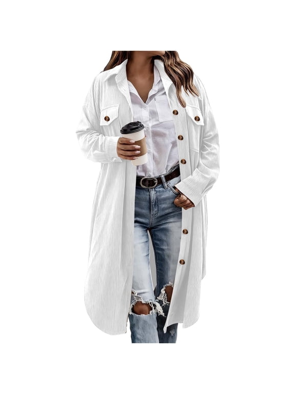 Womens Courdory Long Shacket Flannel Jacket Casual Lapel Button Down Tartan Trench Coats