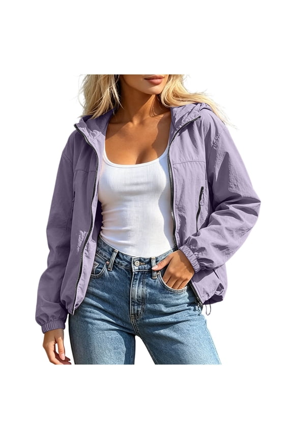 Womens Cropped Hooded Rain Jacket Elastic Cuff Drawstring Hem Lightweight Windbreaker for Outdoor Activities