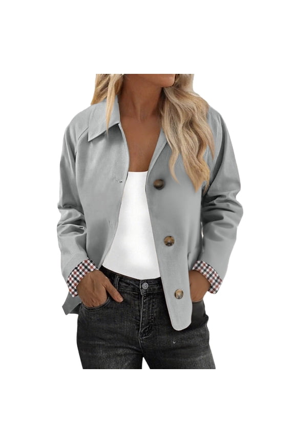 Womens Cropped Trench Coat Classic Collar Oversized Casual Jackets with Checkered Lining for Women