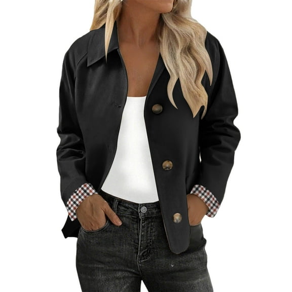 RQYYD Womens Cropped Trench Coat Classic Collar Oversized Casual Jackets with Checkered Lining for Women