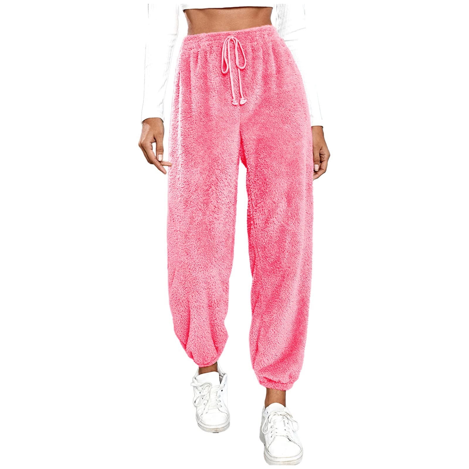 RQYYD Womens Drawstring Fuzzy Fleece Pants Plus Size Winter Warm Thicken  Jogger Athletic Sweatpants for Ladies Comfy Soft Plush Pajama Pants Hot  Pink